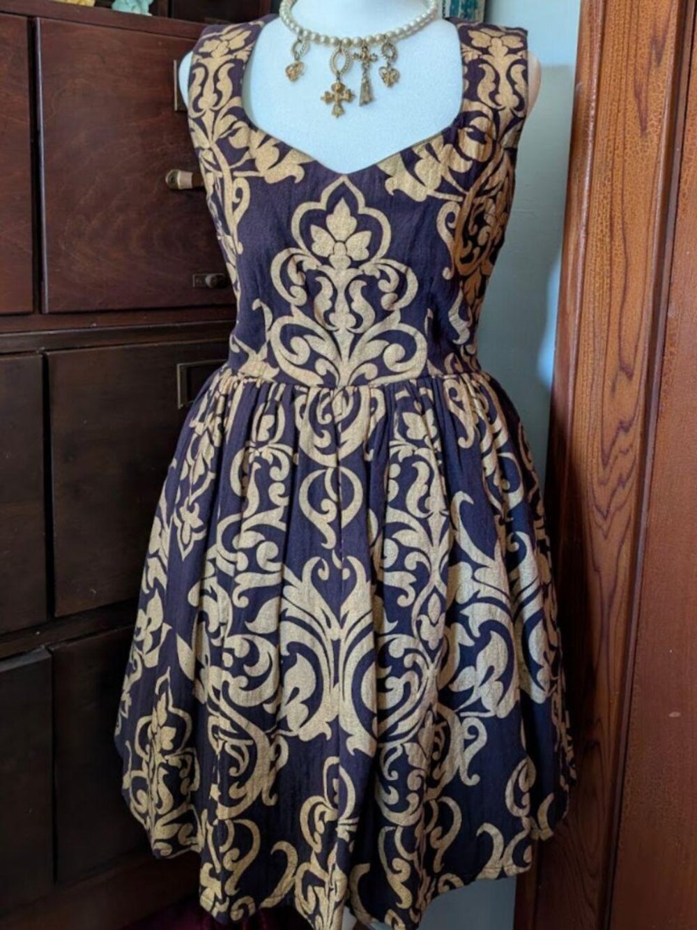 2010s ASOS burgundy a-line dress size 4 gold baroque rococo detailing
